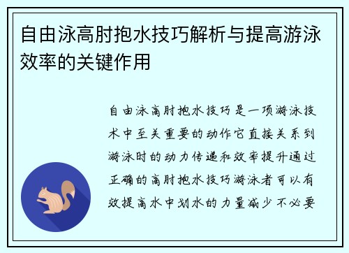 自由泳高肘抱水技巧解析与提高游泳效率的关键作用